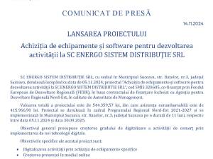 LANSAREA PROIECTULUI Achiziția de echipamente și software pentru dezvoltarea activității la SC ENERGO SISTEM DISTRIBUŢIE SRL