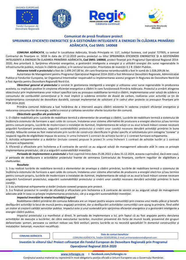 SPRIJINIREA EFICIENȚEI ENERGETICE ȘI A GESTIONĂRII INTELIGENTE A ENERGIEI ÎN CLĂDIREA PRIMĂRIEI ADÂNCATA, Cod SMIS: 140068