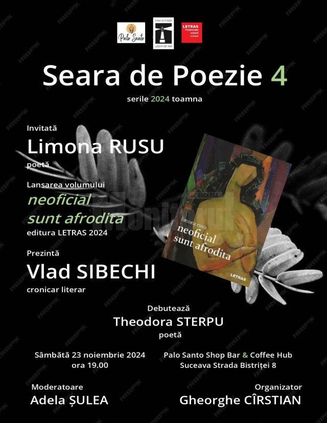 Volumul „neoficial sunt afrodita”, semnat de poeta Limona Rusu, va fi lansat la Seara de poezie de sâmbătă