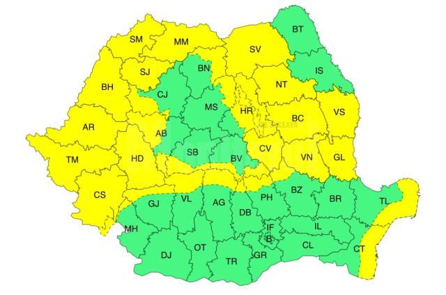 ANM a transmis mai multe avertizări de tip Cod Galben de vreme rea pentru județul Suceava