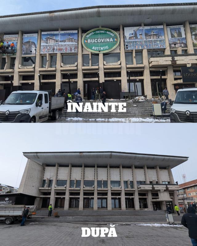 Casa de Cultura inainte si dupa operațiunea de îndepartare a panourilor și a terasei de la parter