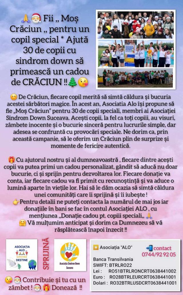 Campanie umanitară pentru sprijinirea a 30 de „copii speciali” din comunitatea Asociației Sindrom Down Suceava