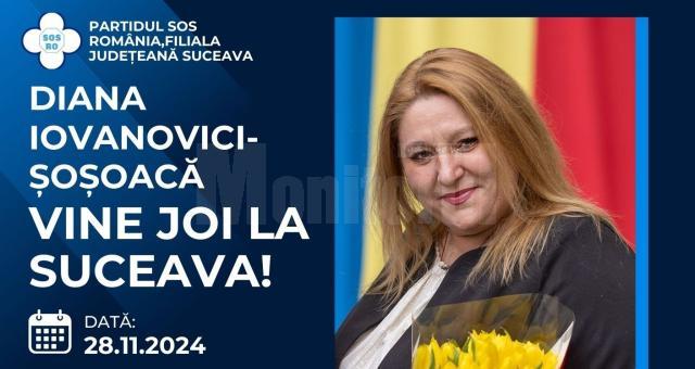 Președinta S.O.S. România, Diana Șoșoacă, va fi prezentă joi în județul Suceava