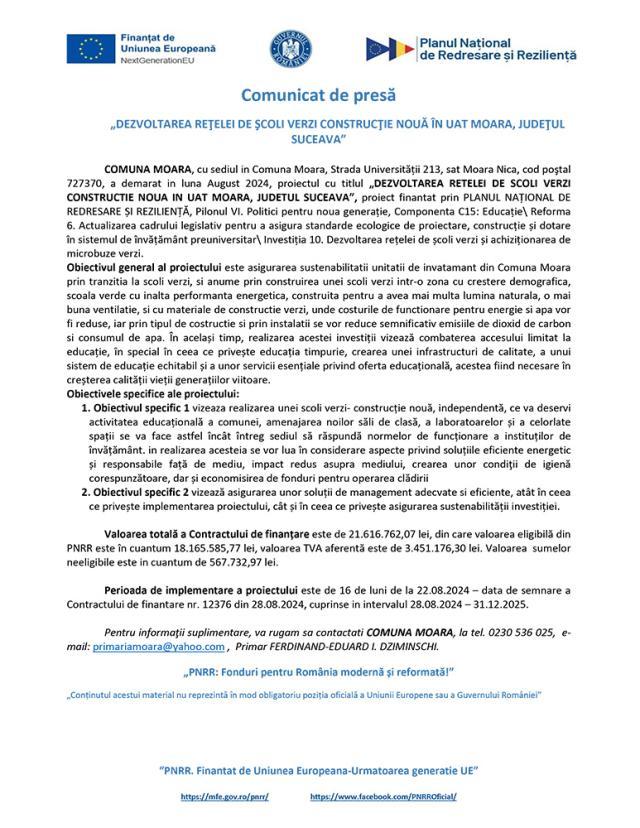 „DEZVOLTAREA REŢELEI DE ŞCOLI VERZI CONSTRUCŢIE NOUĂ ÎN UAT MOARA, JUDEŢUL SUCEAVA”