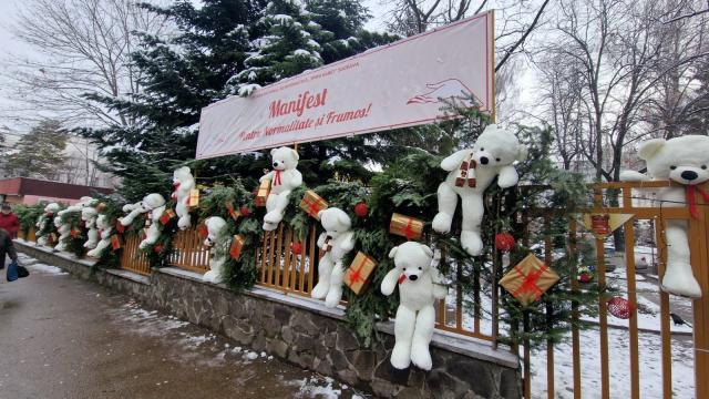 Decor de poveste cu urși de pluș uriași și ornamente spectaculoase, la Colegiul „Spiru Haret” Suceava