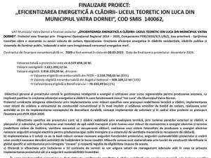 FINALIZARE PROIECT:   „EFICIENTIZAREA ENERGETICĂ A CLĂDIRII- LICEUL TEORETIC ION LUCA DIN MUNICIPIUL VATRA DORNEI”, COD SMIS  140062