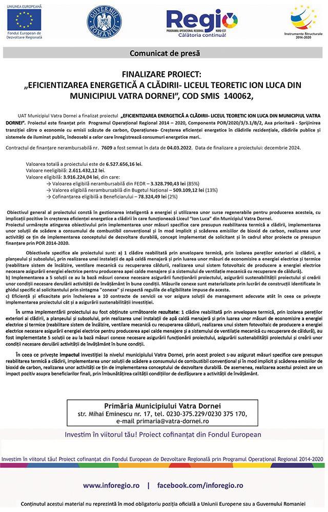 FINALIZARE PROIECT:   „EFICIENTIZAREA ENERGETICĂ A CLĂDIRII- LICEUL TEORETIC ION LUCA DIN MUNICIPIUL VATRA DORNEI”, COD SMIS  140062,