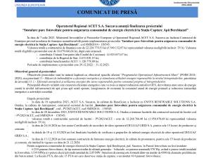 Operatorul Regional ACET S.A. Suceava anunță finalizarea proiectului “Instalare parc fotovoltaic pentru asigurarea consumului de energie electrică la Stația Captare Apă Berchișești”