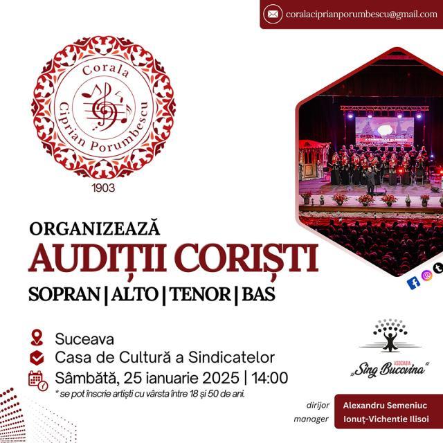 Corala „Ciprian Porumbescu” organizează audiții pentru noi coriști, la Casa de Cultură a Sindicatelor Suceava