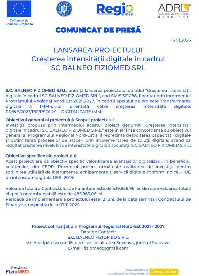 LANSAREA PROIECTULUI Creșterea intensității digitale în cadrul SC BALNEO FIZIOMED SRL