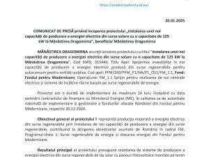 COMUNICAT DE PRESĂ privind începerea proiectului „Instalarea unei noi capacități de producere a energiei electrice din surse solare cu o capacitate de 125 kW la Mănăstirea Dragomirna”, beneficiar Mănăstirea Dragomirna