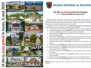 14 zile cu acces gratuit în muzee, oferite de Muzeul Național al Bucovinei