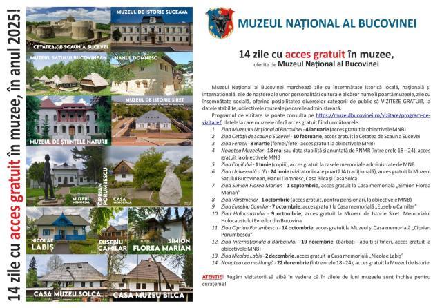 14 zile cu acces gratuit în muzee, oferite de Muzeul Național al Bucovinei