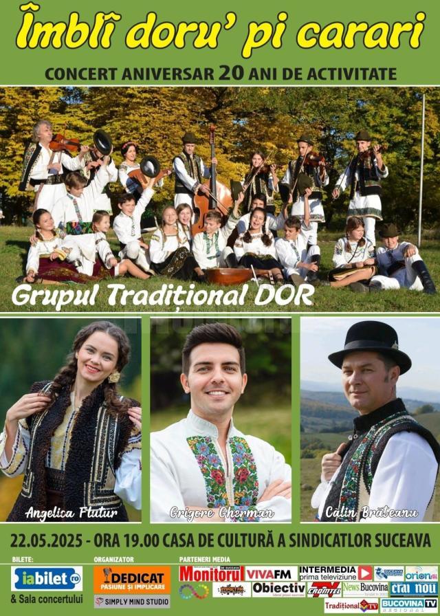 Grupul Tradițional Dor și artiștii Angelica Flutur, Călin Brăteanu și Grigore Gherman, în concert pe scena Casei de Cultură a Sindicatelor Suceava