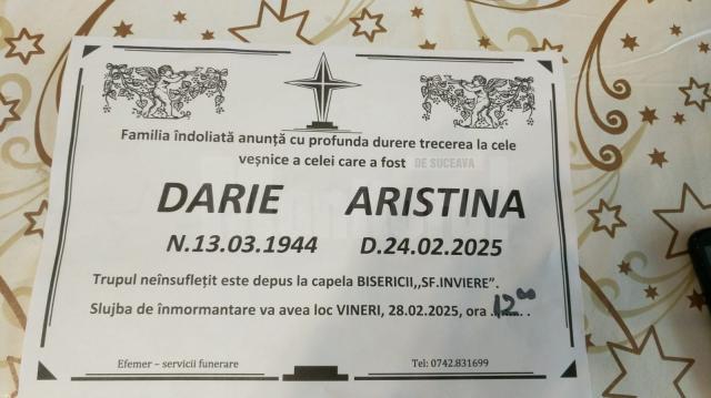 Profesoara de chimie Aristina Darie, care a activat mulți ani la Colegiul Național „Ștefan cel Mare” Suceava, a plecat la Ceruri