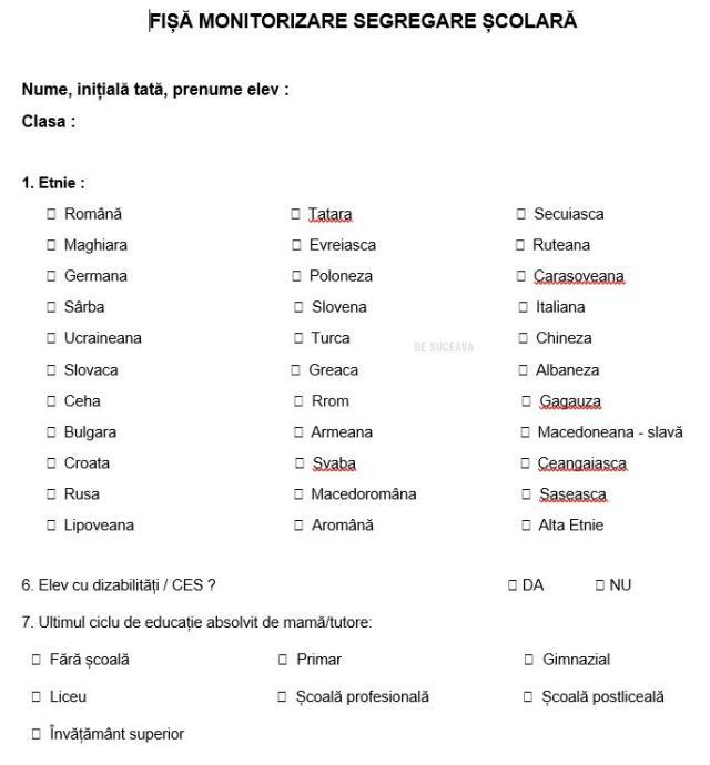 Părinții trebuie să completeze fișe privind segregarea școlară, pentru monitorizarea fenomenului în școli