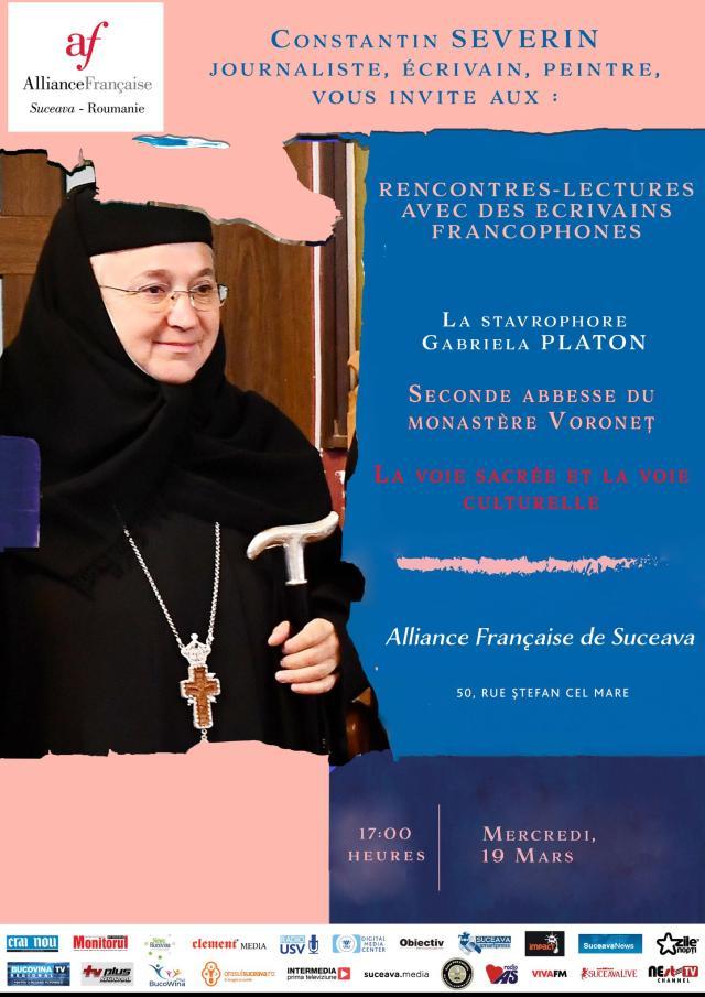 Stavrofora dr. Gabriela Platon, a doua stareță a Mănăstirii Voroneț, invitată miercuri la un eveniment organizat de Alianța Franceză