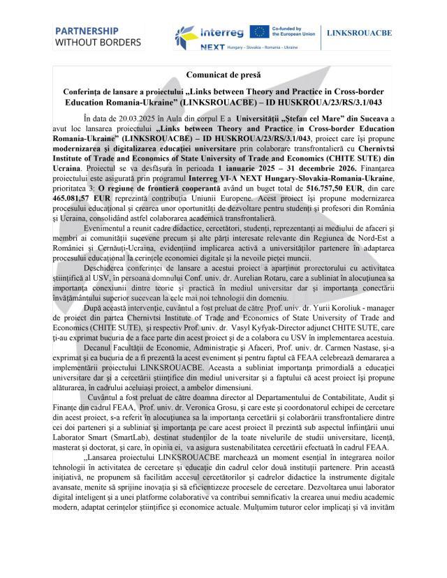 Conferinţa de lansare a proiectului „Links between Theory and Practice in Cross-border Education Romania-Ukraine” (LINKSROUACBE) – ID HUSKROUA/23/RS/3.1/043