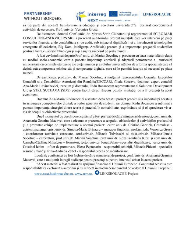 Conferinţa de lansare a proiectului „Links between Theory and Practice in Cross-border Education Romania-Ukraine” (LINKSROUACBE) – ID HUSKROUA/23/RS/3.1/043