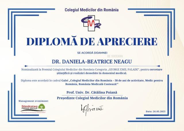 Diploma acordată dr. Daniela Beatrice Neagu