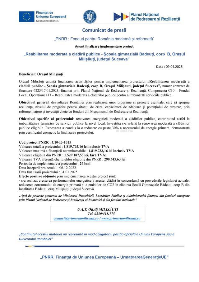 „Reabilitarea moderată a clădirii publice - Școala gimnazială Bădeuți, corp  B, Orașul Milișăuți, județul Suceava”