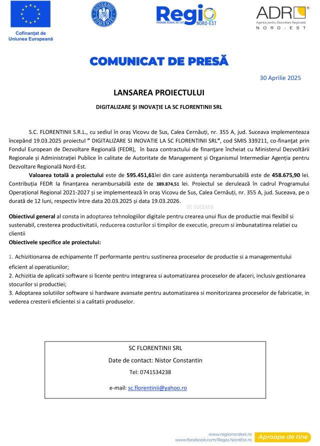 LANSAREA PROIECTULUI DIGITALIZARE ŞI INOVAŢIE LA SC FLORENTINII SRL
