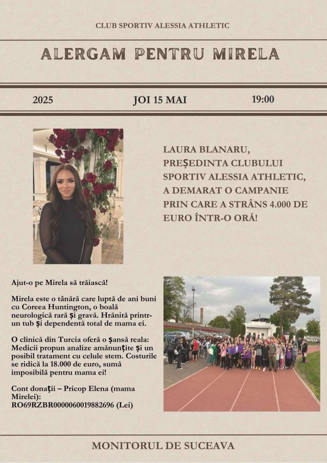 Laura Blanaru, președinta Clubului Sportiv Alessia Athletic, a demarat o campanie umanitară prin care a strâns 4.000 de euro într-o oră, pentru o tânără foarte bolnavă
