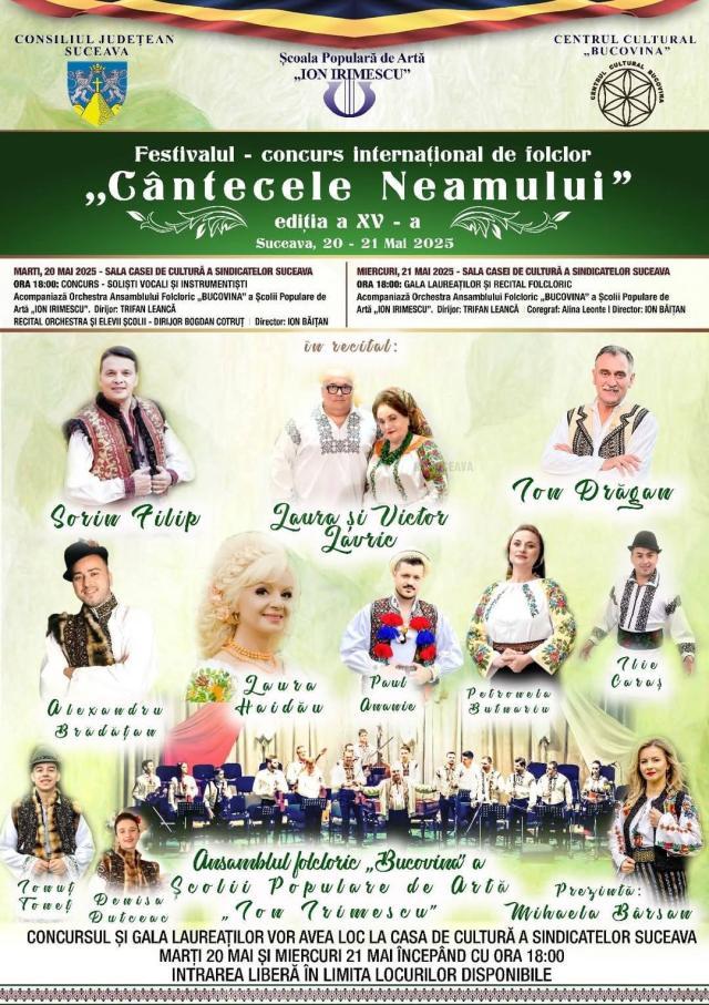 Festivalul-Concurs „Cântecele Neamului”, marți și miercuri, pe scena Casei de Cultură a Sindicatelor Suceava