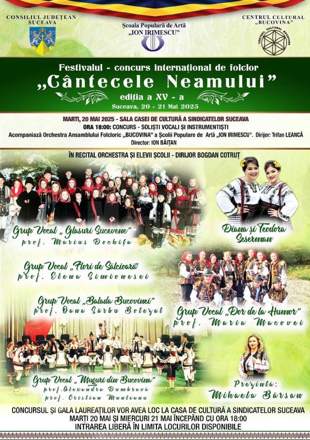 Festivalul-Concurs „Cântecele Neamului”, marți și miercuri, pe scena Casei de Cultură a Sindicatelor Suceava