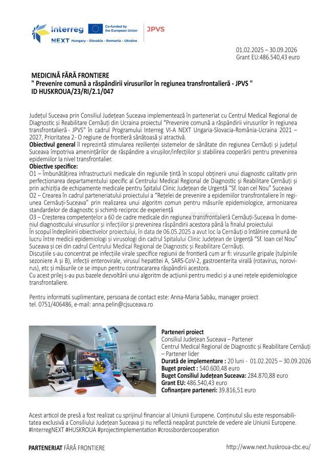 " Prevenire comună a răspândirii virusurilor în regiunea transfrontalieră - JPVS "