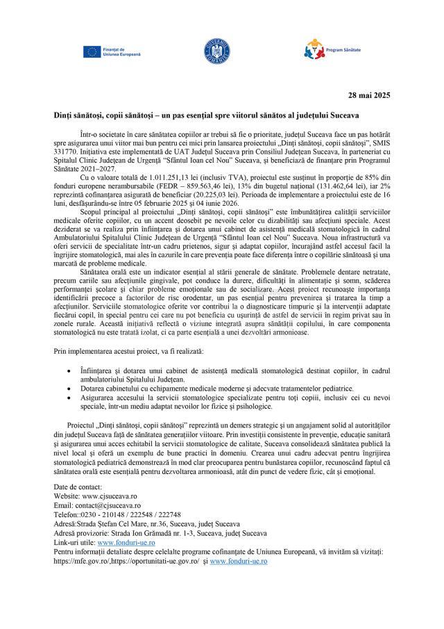 Dinți sănătoși, copii sănătoși – un pas esențial spre viitorul sănătos al județului Suceava