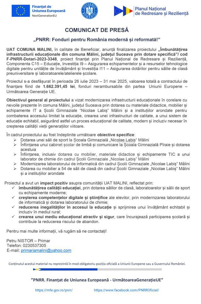 Comunicat de presă finalizare proiect PNRR C15 - Comuna MALINI
