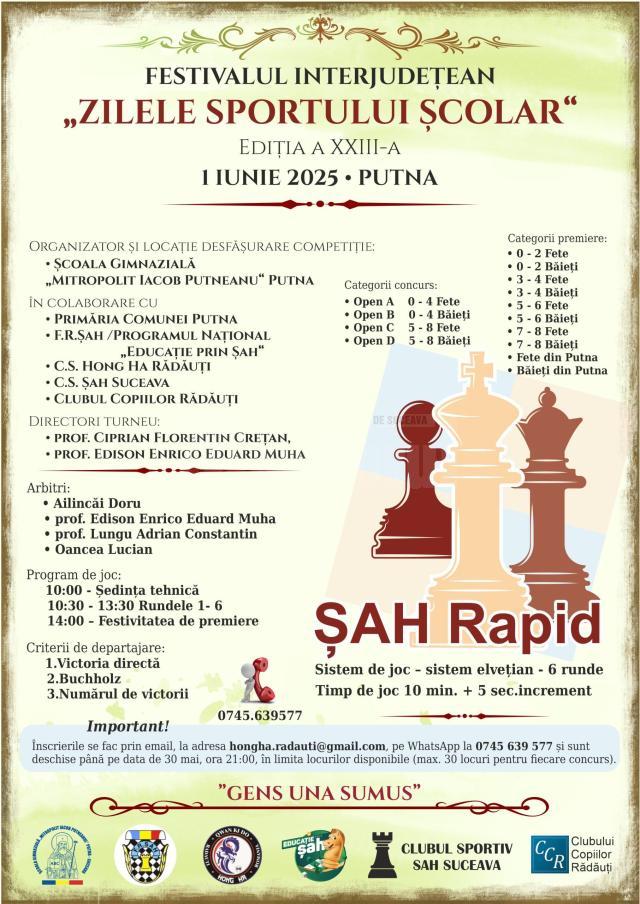 Festivalul interjudețean „Zilele Sportului Școlar”, ediția XXII, în prima zi din iunie, la Putna