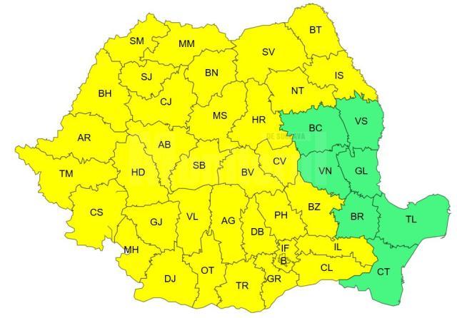 Cod galben de caniculă, până joi seara, în zeci de județe
