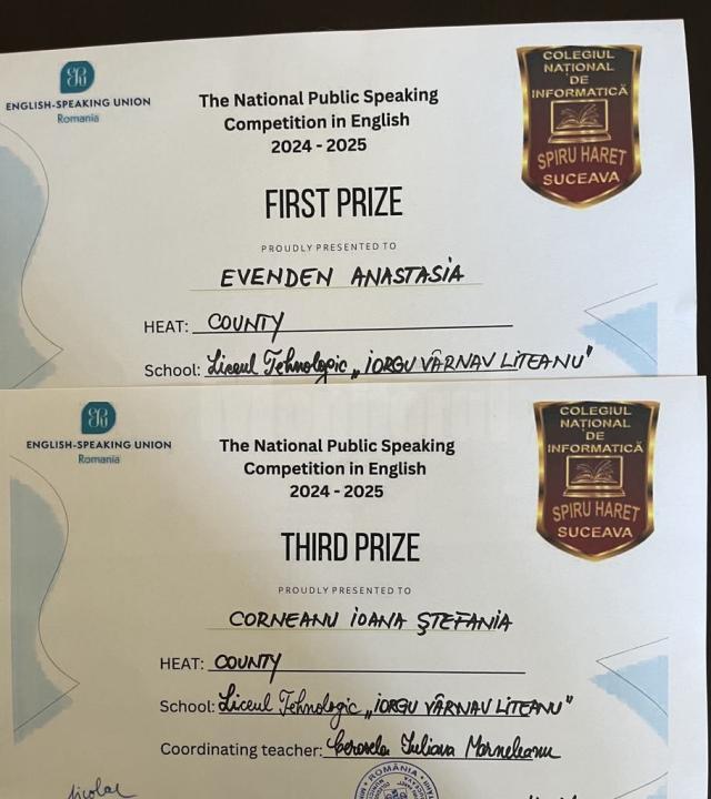 Excelență în arta discursului: Două eleve de la Liceul din Liteni premiate la Concursul Național de Public Speaking în limba engleză – ediția 2025