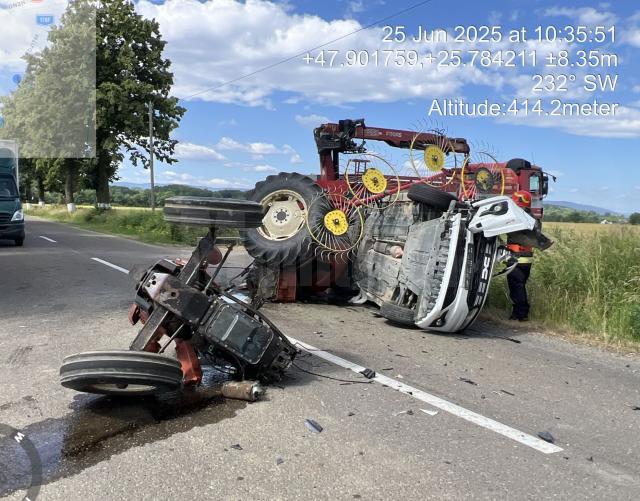 Un autoturism și un tractor s-au ciocnit violent în cursul zilei de miercuri
