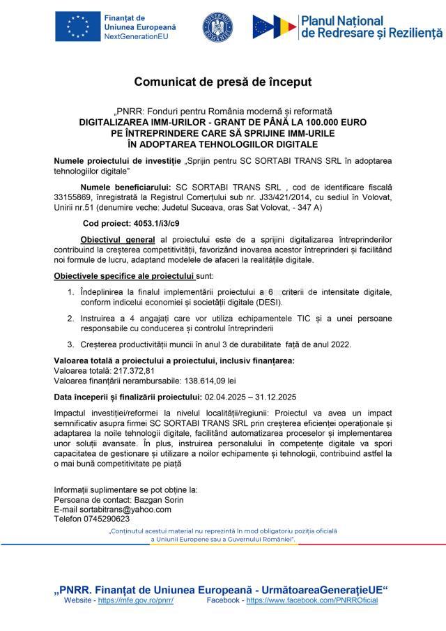 „PNRR: Fonduri pentru România modernă și reformată DIGITALIZAREA IMM-URILOR - GRANT DE PÂNĂ LA 100.000 EURO  PE ÎNTREPRINDERE CARE SĂ SPRIJINE IMM-URILE  ÎN ADOPTAREA TEHNOLOGIILOR DIGITALE