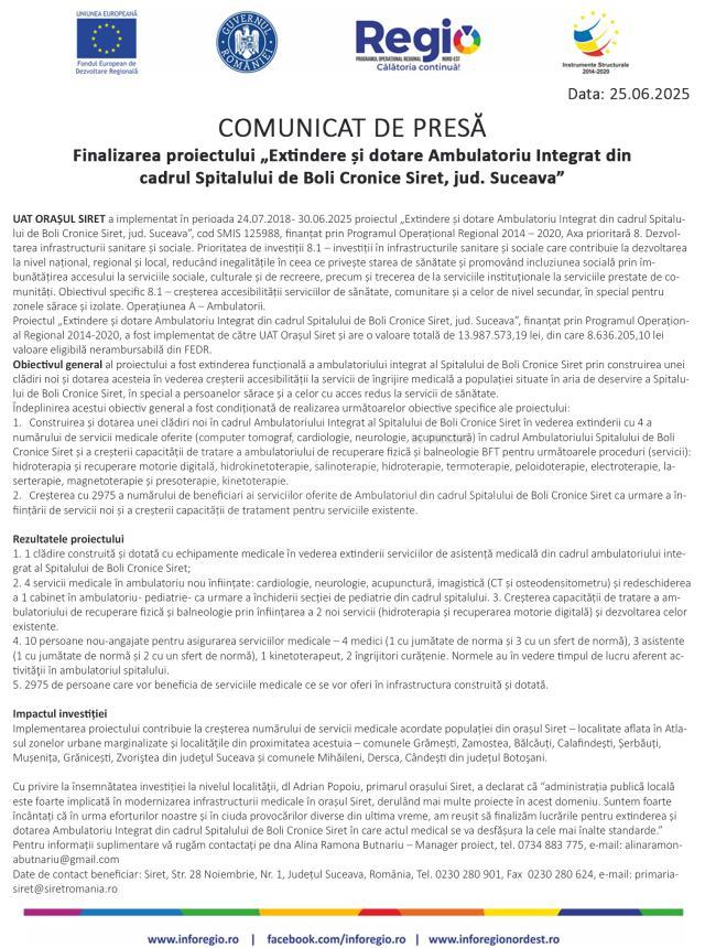 Finalizarea proiectului „Extindere si dotare Ambulatoriu Integrat din cadrul Spitalului de Boli Cronice Siret, jud. Suceava”