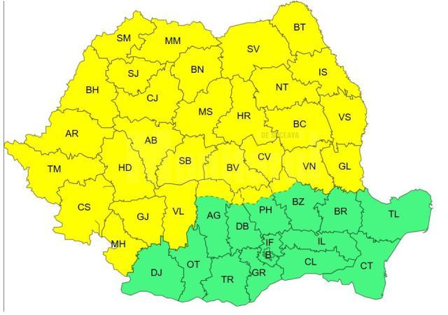 Cod galben de furtuni, cu vânt puternic, averse torențiale și descărcări electrice, vineri și sâmbătă