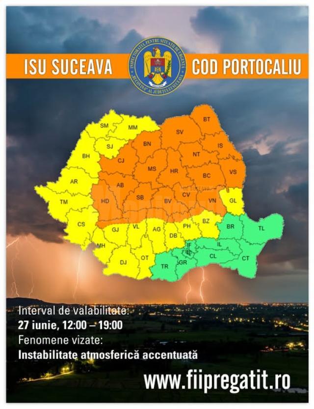 Județul Suceava, sub Cod Portocaliu de vijelii, astăzi, între orele 12.00-19.00