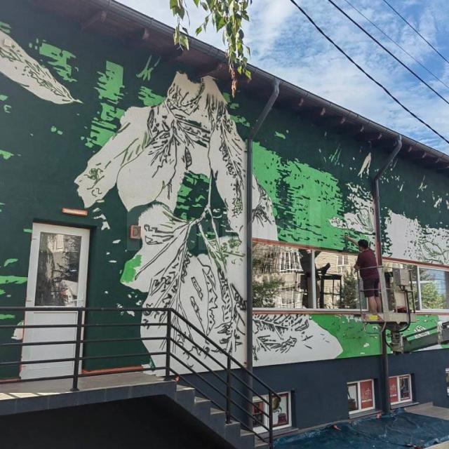 Prima pictură murală de mari dimensiuni din Siret, realizată de artistul polonez Wojciech Woźniak, vernisată vineri. Sursa foto FB - Institutul Polonez din București