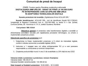 „PNRR: Fonduri pentru România modernă și reformată DIGITALIZAREA IMM-URILOR - GRANT DE PÂNĂ LA 100.000 EURO PE ÎNTREPRINDERE CARE SĂ SPRIJINE IMM-URILE ÎN ADOPTAREA TEHNOLOGIILOR DIGITALE