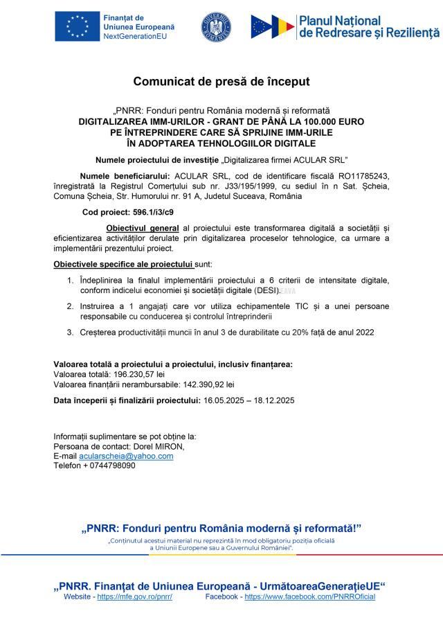 „PNRR: Fonduri pentru România modernă și reformată DIGITALIZAREA IMM-URILOR - GRANT DE PÂNĂ LA 100.000 EURO PE ÎNTREPRINDERE CARE SĂ SPRIJINE IMM-URILE ÎN ADOPTAREA TEHNOLOGIILOR DIGITALE