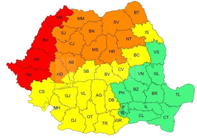 Cod portocaliu de instabilitate atmosferică accentuată, pentru luni, 7 iulie, în intervalul orar 13.00-21.00