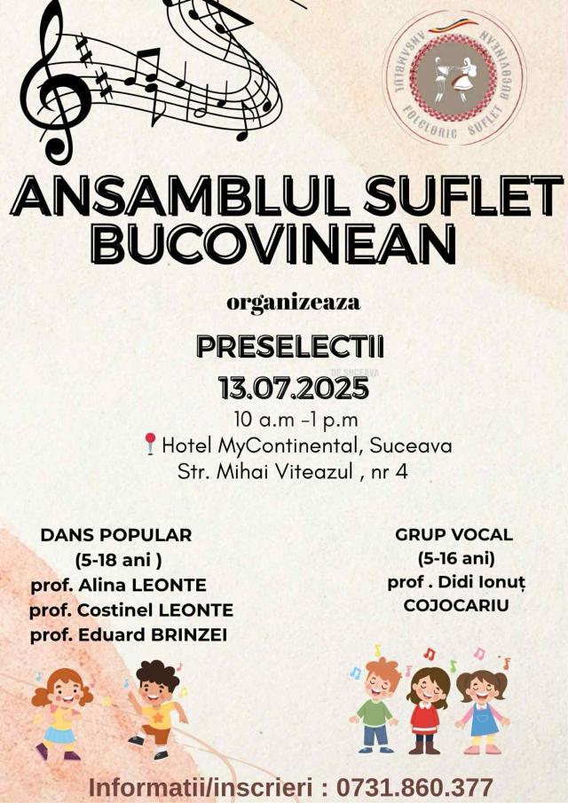 Ansamblul „Suflet Bucovinean” organizează preselecții pentru dans popular și grup vocal